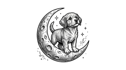 Puppy dog sitting on crescent moon. © reva