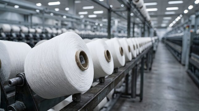 Spools of white thread on industrial textile factory spinning machine with spinning, manufacturin