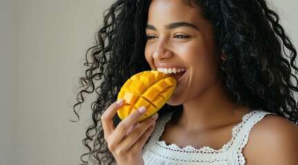 Obraz premium Young woman with curly hair eats fresh yellow mango fruit. Happy female person holds juicy sliced tropical snack near mouth. Healthy girl enjoys sweet organic diet product in morning light. Smiling