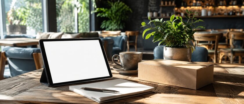 Blank tablet on wooden table with box and potted plant