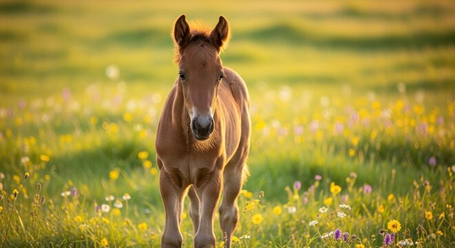 A young brown foal stands gracefully in a sunlit green meadow with wildflowers, looking towards the camera with curious eyes in nature, grazing, foal, brown