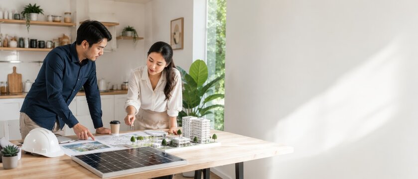 Two architects reviewing building model and solar panel at table