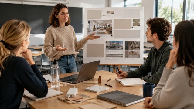 Woman presenting design board to colleagues in classroom meeting