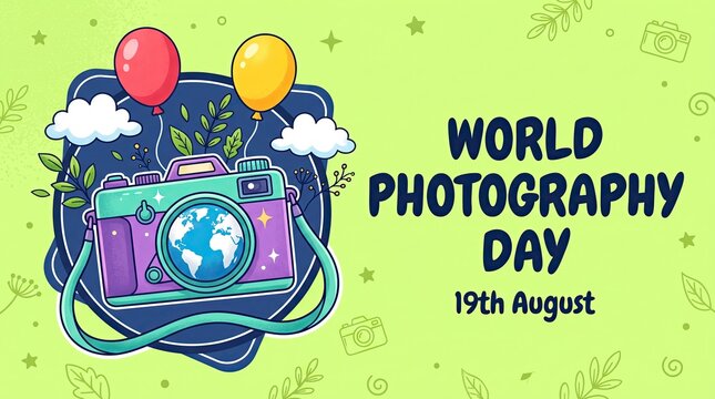 World photography day illustration camera balloons and global celebration