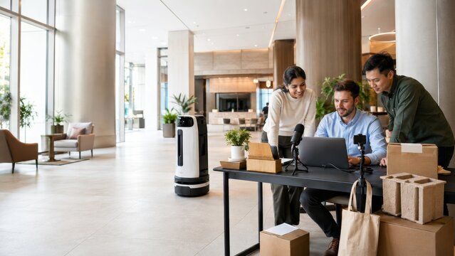 Three coworkers reviewing products with laptop in modern lobby