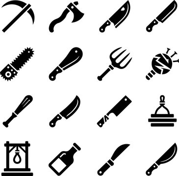 Black and white icons of various kitchen tools and cooking utensils for graphic design projects