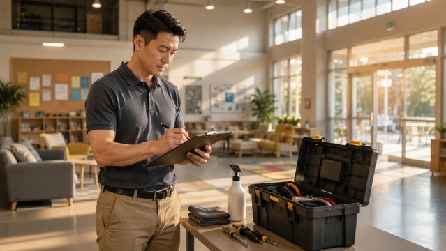 Man writing on clipboard beside open toolbox in bright lobby