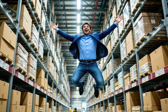 Happy businessman jumps in warehouse with arms raised. Excited man in blue suit celebrates career growth between metal storage shelves with cardboard boxes. Successful manager smiles in industrial