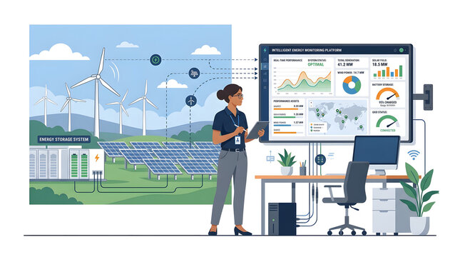 Renewable energy management system illustration wind solar and battery storage monitoring platform with analyst