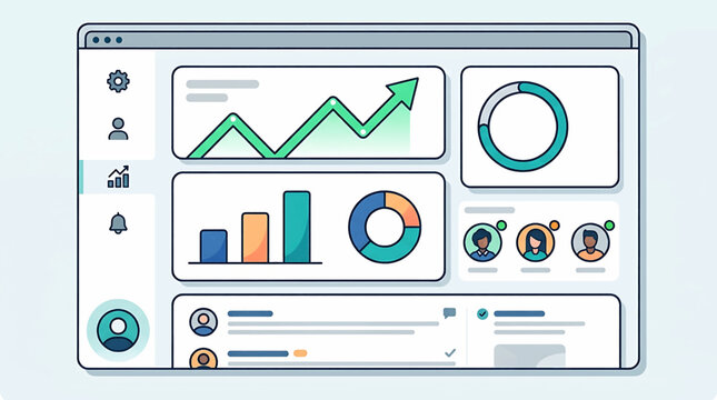 Minimalist UI dashboard vector illustration featuring data analytics charts graphs and user profile panels