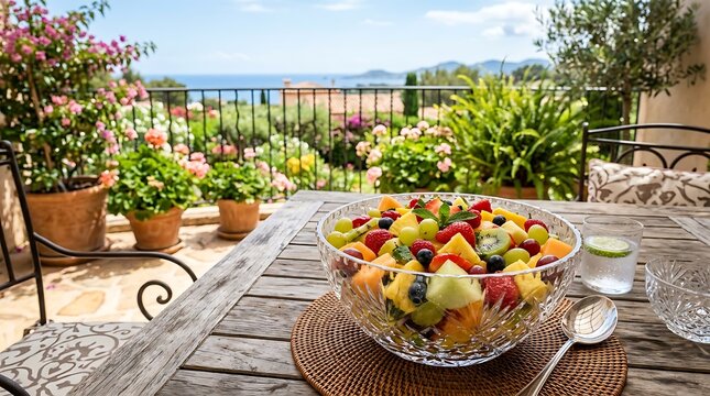 Fresh Fruit Salad in a Crystal Bowl on a Sunny Terrace with Ocean View