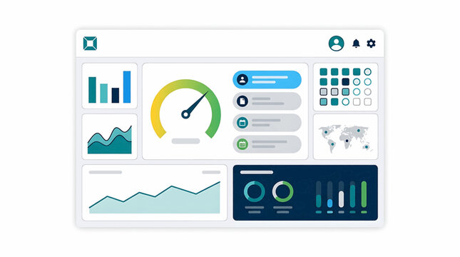 Modern minimalist user interface dashboard vector illustration featuring data visualizations, analytics, charts, and graphs for business intelligence applications and digital reporting