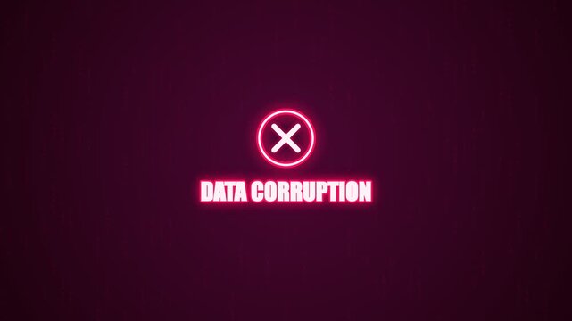 Data corruption neon glowing text with a red warning cross symbol