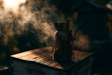 Beekeeper's smoker resting on weathered wooden hive box at dawn © Tharshan