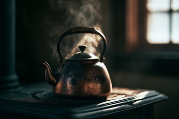 Fototapeta premium Cast iron kettle steaming on wood stove in dim cabin kitchen