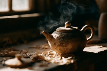 Fototapeta premium Weathered clay teapot pouring steam on sunlit workshop bench