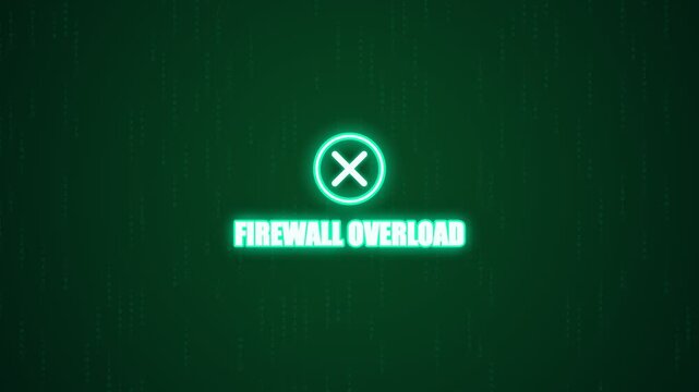 Firewall overload text with glowing neon cross icon on digital matrix screen
