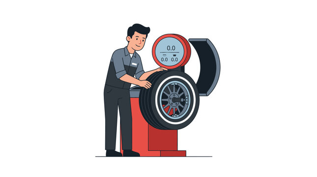 Car Mechanic Balancing Tire on Wheel Balancer Machine - Flat Illustration