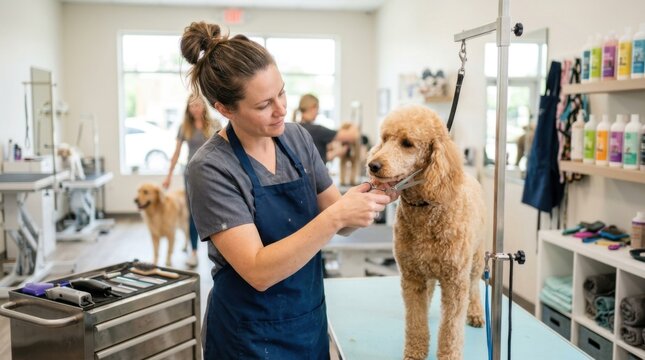 Professional groomer carefully trimming a golden poodles face in a bright, modern pet salon.