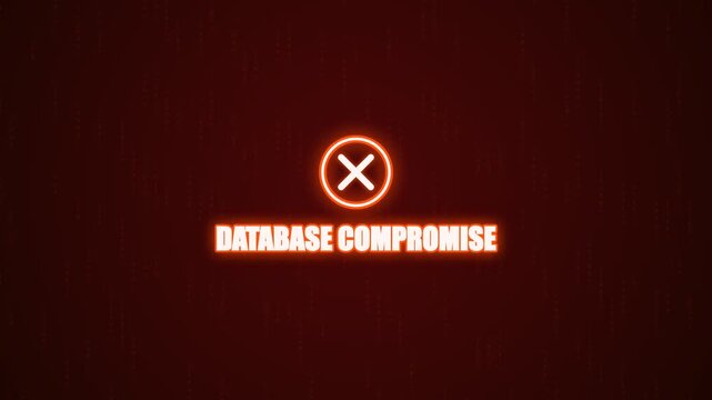 Database compromise text with glowing red warning sign and glitch effect