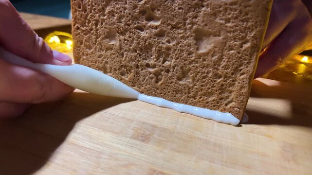 Close up 4K video. 60 fps. Male hands applies white icing from plastic bag with food paint to brown cookies walls of gingerbread house on wooden cut board. Happy New Year 2027, Merry Christmas holiday