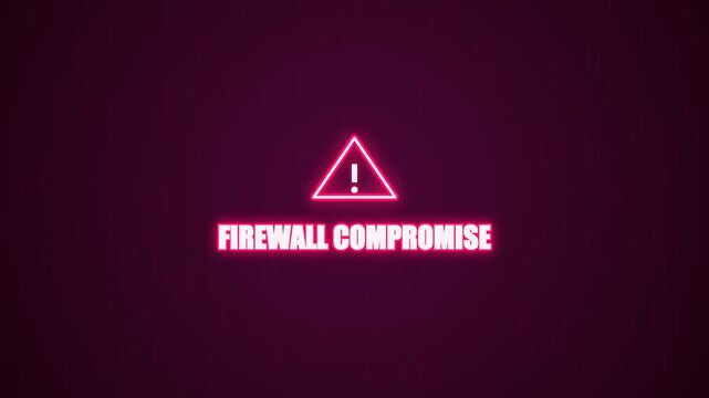 Firewall compromise neon warning sign with glowing triangle alert symbol