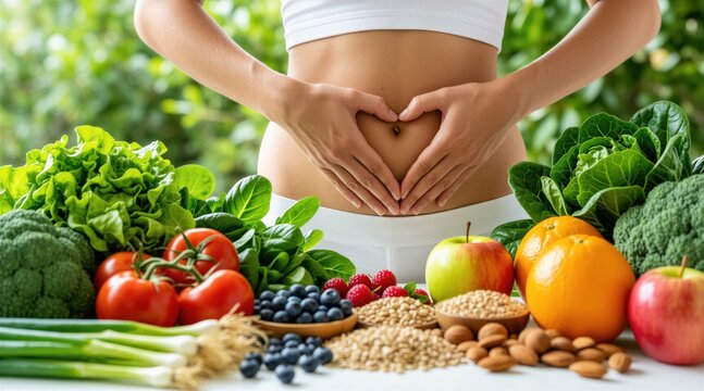 Woman makes heart shape with hands on belly abdomen area. Table filled with fresh organic vegetables fruits berries nuts seeds for gut health diet. Female body focus nutrition wellness lifestyle