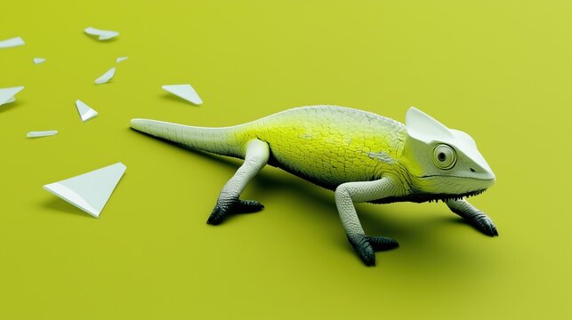 Green Chameleon with Paper Fragments on Bright Lime Background.

