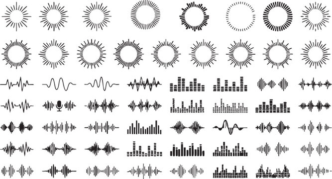 Vector sound wave and burst graphic design elements for audio visual effects and music illustrations