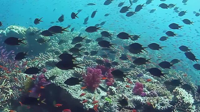 Immerse in beauty of Fiji Islands as schools of fish glide gracefully past stunning coral formations. Bright pink and purple corals create lively underwater paradise teeming with diverse marine life.
