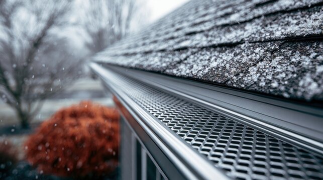 Snow-covered metal gutter guard on a roof in winter. Home maintenance and protection.
