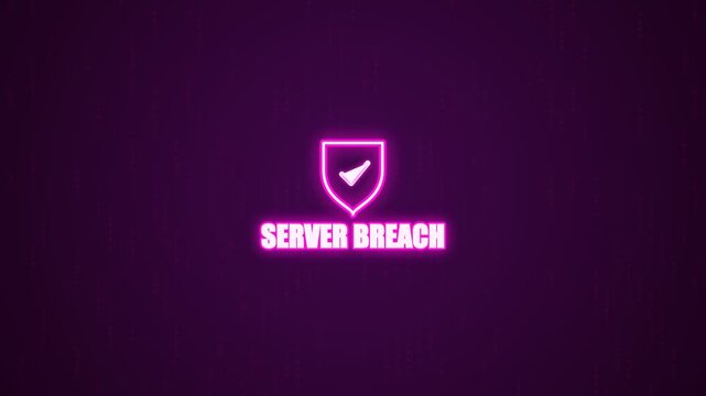 Server breach neon sign with glowing shield icon and digital text