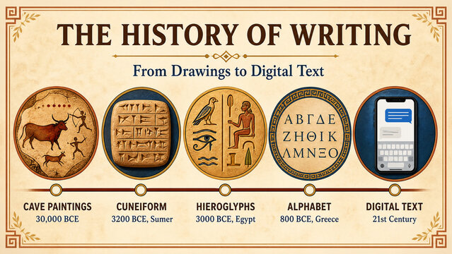 History of writing evolution timeline infographic poster from ancient cave painting to digital text communication vector illustration