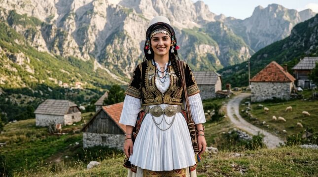 Young Albanian Woman in Traditional Costume in Theth Village Mountains.