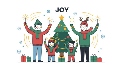 Fototapeta premium Happy family celebrating christmas and new year with sparklers around a decorated tree on a snowy backdrop.