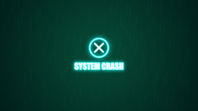 System crash text with glowing neon blue cross icon on dark digital background