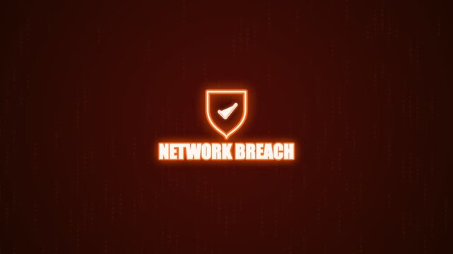 Network breach warning sign with glowing orange shield icon and digital text