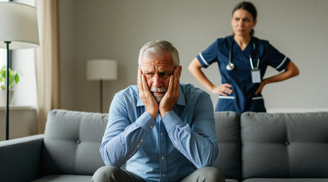 Sad senior man sits on couch hands on face. Angry nurse stands behind him. Elder abuse concept. Home care neglect emotional distress. Sadness.