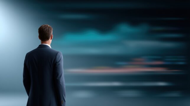 Man in suit eyes market data on large digital display