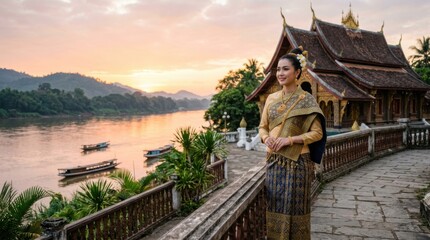 Obraz premium Beautiful Woman in Traditional Lao Attire Overlooking Mekong River at Sunset in Luang Prabang.