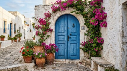 Fototapeta premium Charming Blue Doorway Adorned with Vibrant Pink Bougainvillea Flowers in a Picturesque Greek Village.