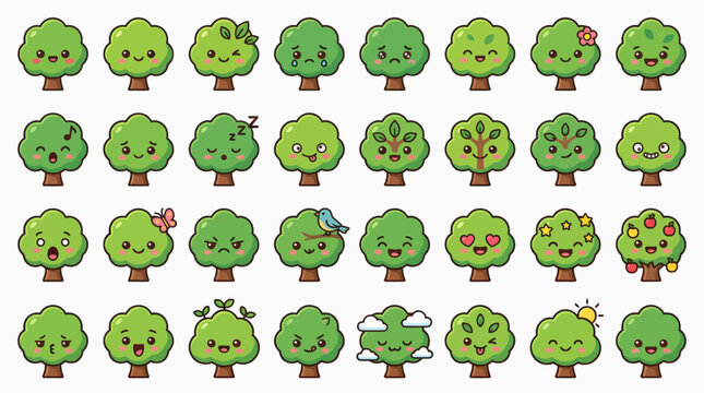 Cute cartoon tree faces expressing emotions