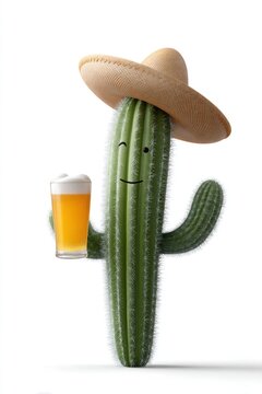 Happy 3D cactus in giant sombrero holds beer, white background