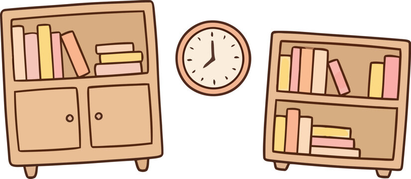 Cartoon bookcases and clock illustration for children's room decor
