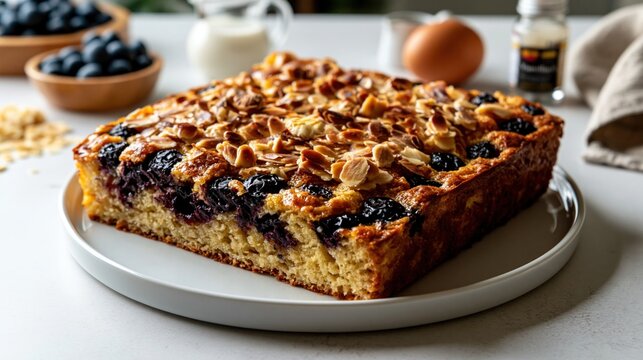 Golden keto blueberry almond cake on a white plate with fresh ingredients in a bright kitchen