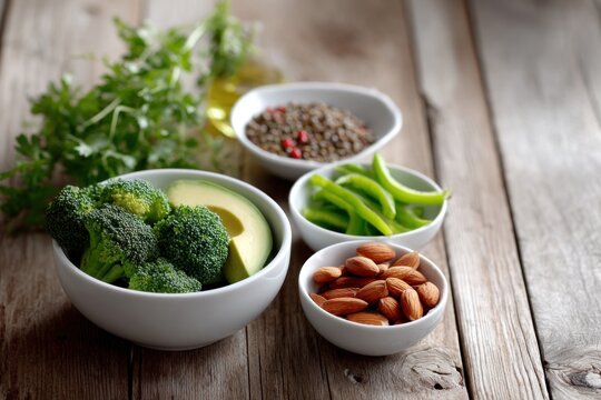 Winning combo of protein and fiber ingredients arranged on a rustic wooden table in soft sunlight