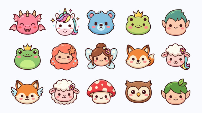 Cute fantasy creature icons set