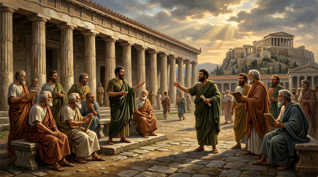 ​Ancient Greek philosophers debating in the Agora of Athens historic oil painting style