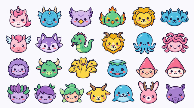 Cute fantasy creature and character icons