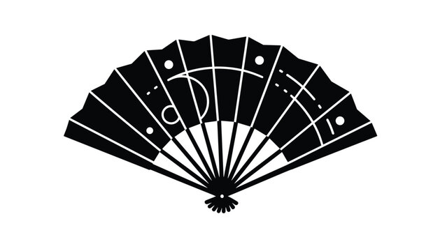Traditional black folding hand fan decorated with elegant white celestial and moon line art patterns on white.